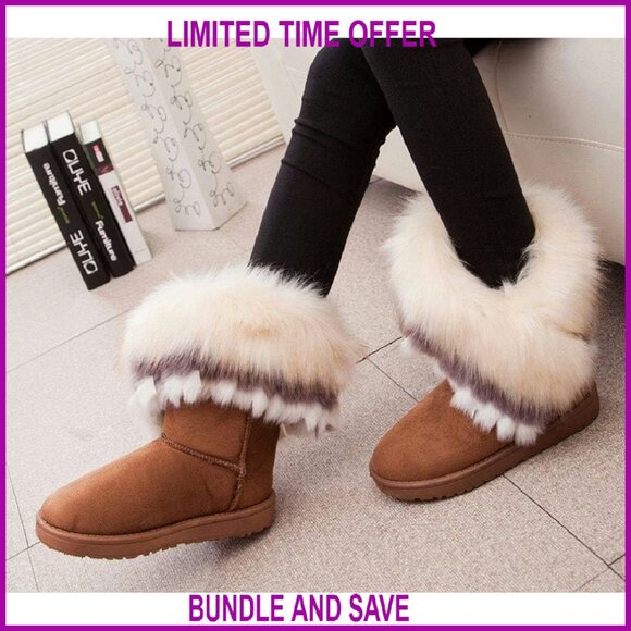 Faux Fur Tassel Winter Snow Boots Suede Flat Ankle Booties - Picture 4 of 4